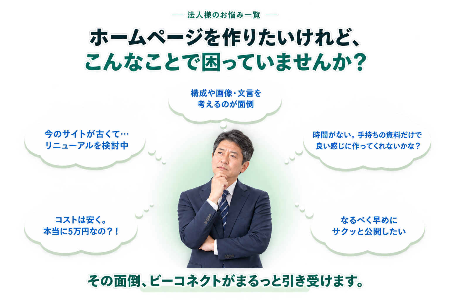 法人様のお悩み一覧。ホームページの構成や文章、古いサイトの刷新、制作時間や費用、早期公開についてのお悩みをビーコネクトが引き受けます。