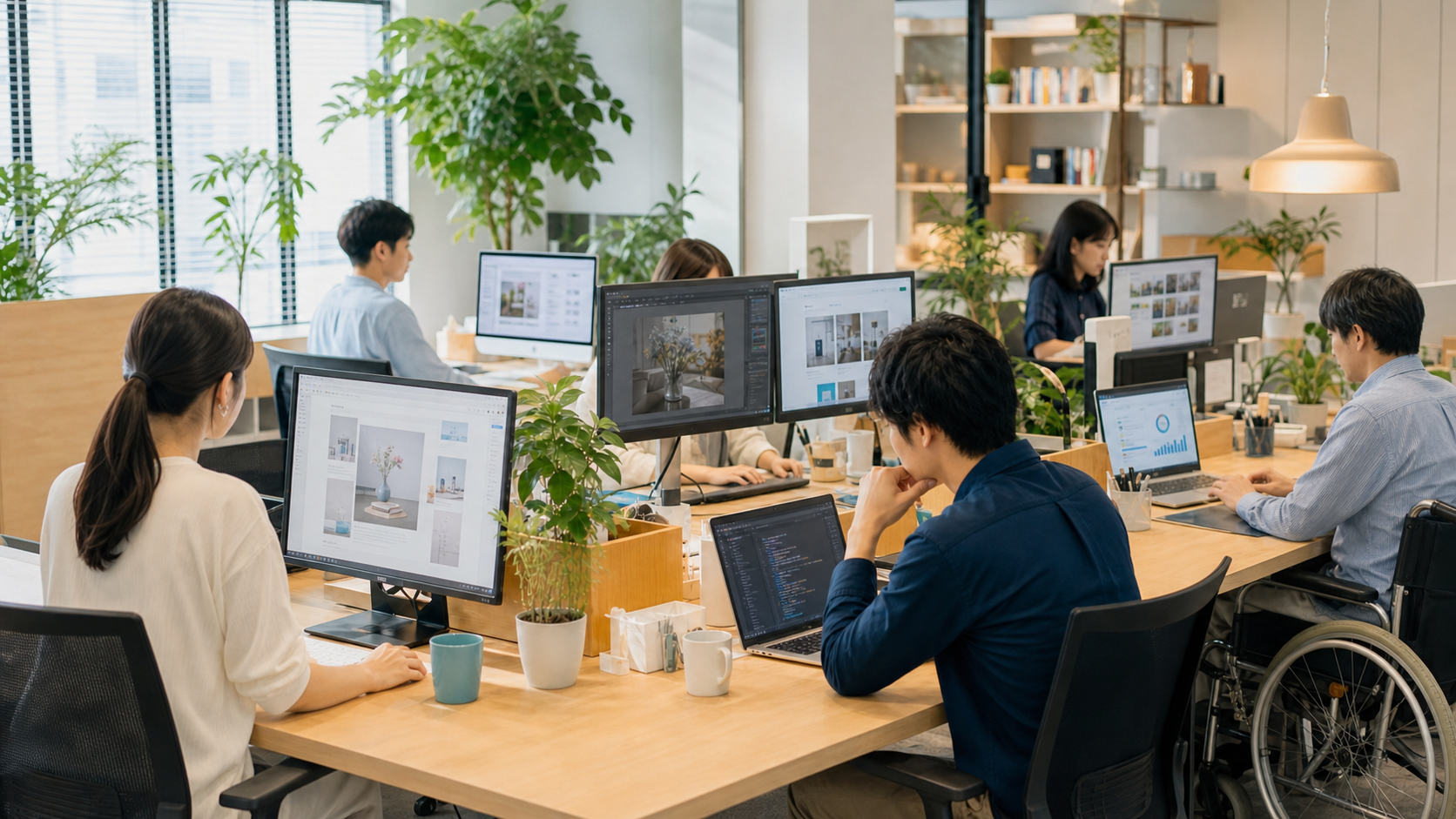 Web制作に取り組む就労福祉施設の明るい事務所風景